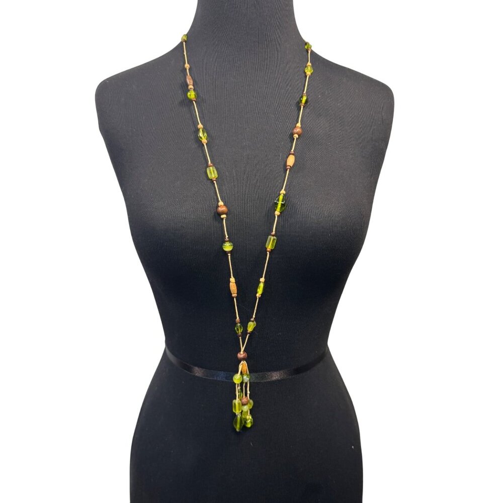 Long Beaded Necklace With Green & Brown Beads On Hemp Cord